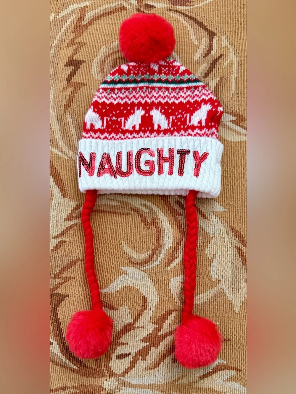 Little Cat Or Dog Christmas Holiday Santa Hat Naughty/Nice Pom Poms Red White